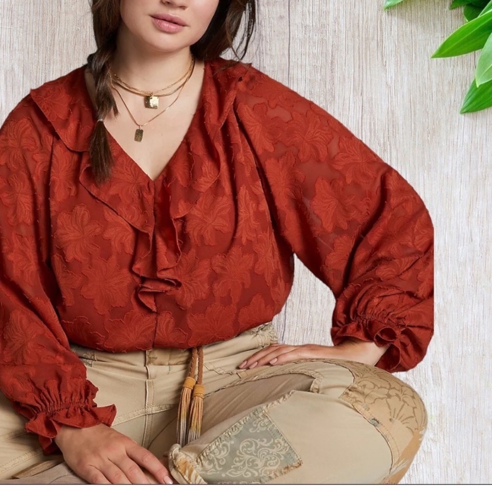Anthropologie Ruffle V Neck blouse in 3X Crimson Long Sleeve Top Rust Plus Size